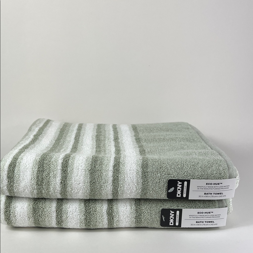 2pc DKNY Bath Towels Eco Hue Sage and White Striped Plush Cotton NEW